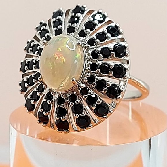 Natural Oval Fire Opal 10x8mm & Black Spinel 925 Sterling Silver Ring 7.25 - Picture 5 of 7